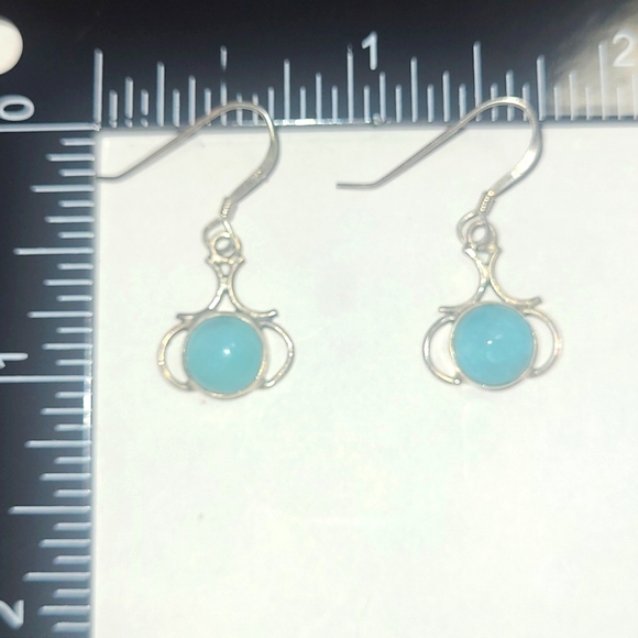 Earring Sterling Silver Wire Wrapped Blue Chrysocolla Chalcedony Rounds Feminine - Picture 3 of 5